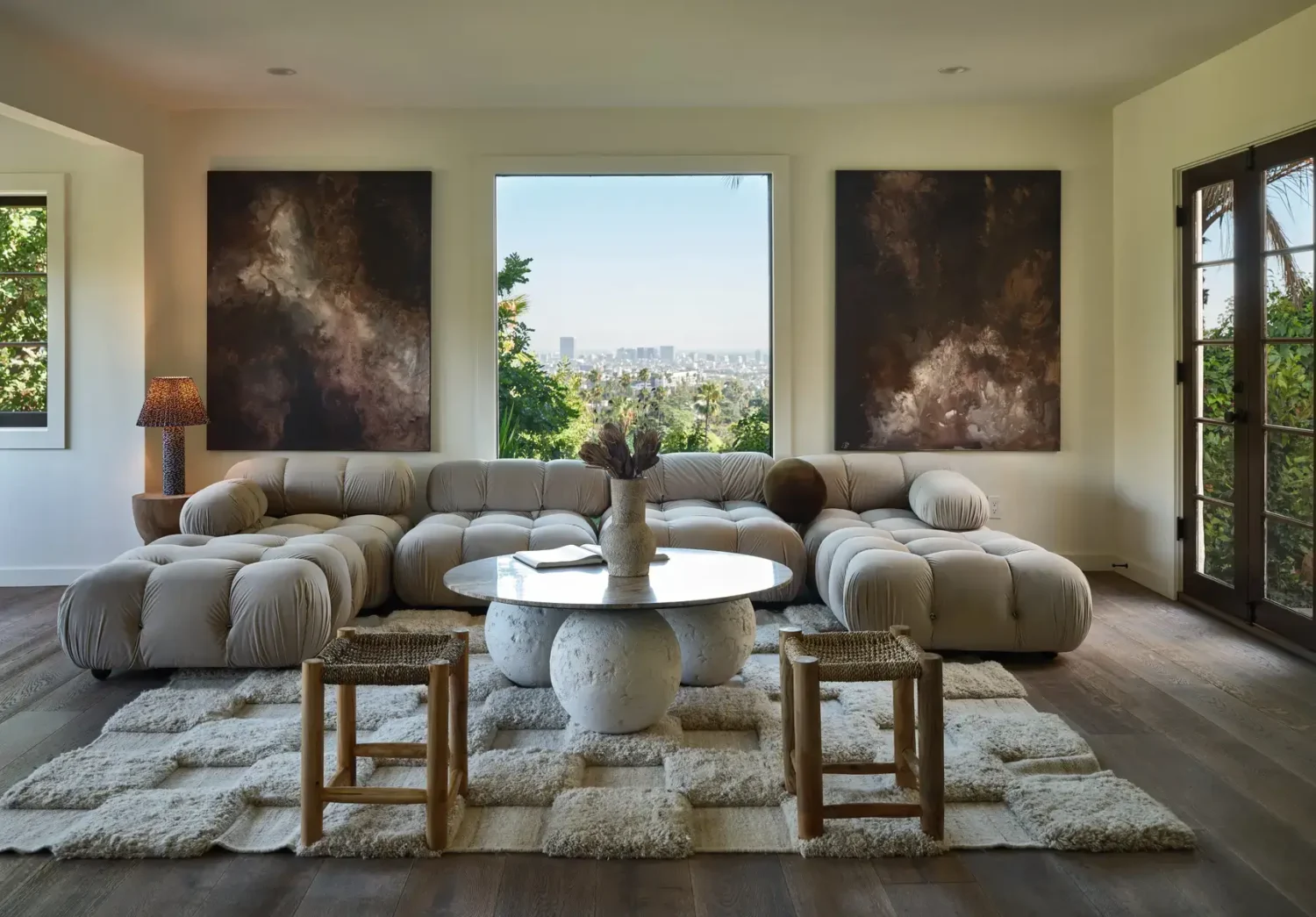 A Renovated Spanish Style Home in Hollywood Hills 17 living-room-checkerboard-rug-nordroom