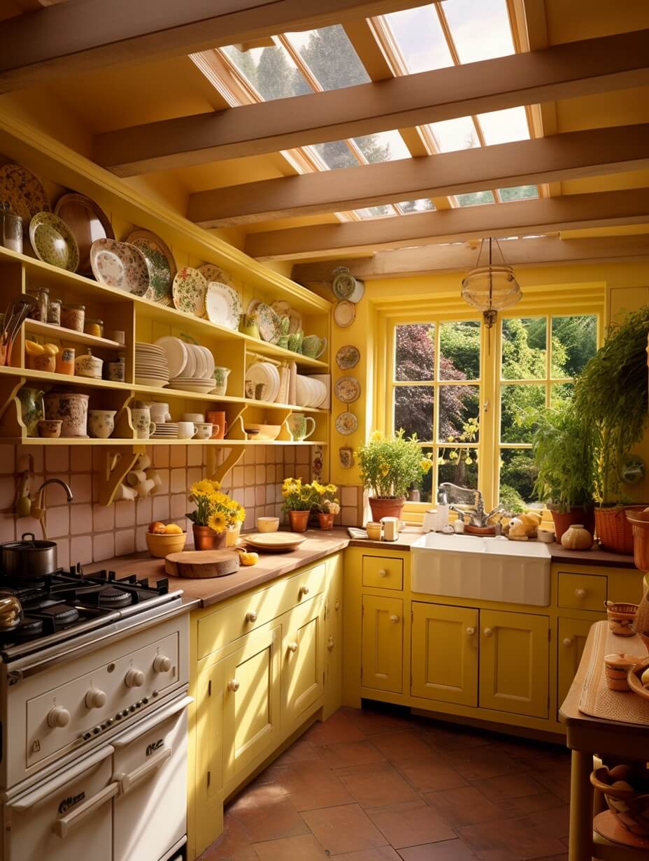 Colorful Kitchen Designs That Brighten Up Your Home 26 yellow-cottage-kitchen-butler-sink-terracotta-floor-skylight-interior-trends-nordroom