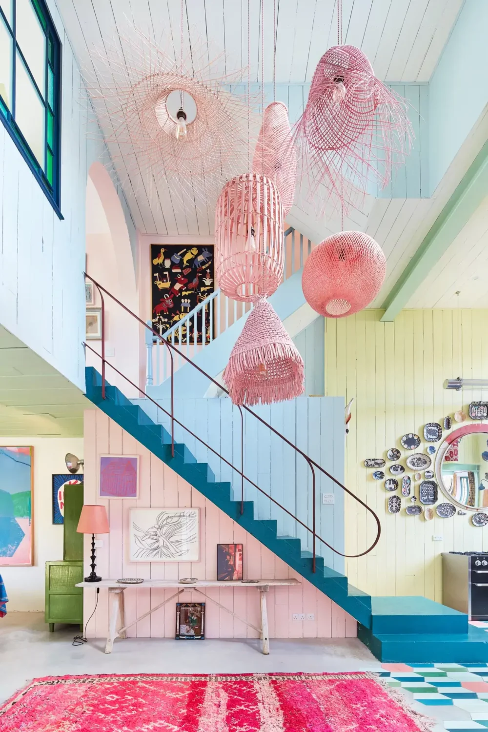 colorful artist home london green staircase high ceilings nordroom