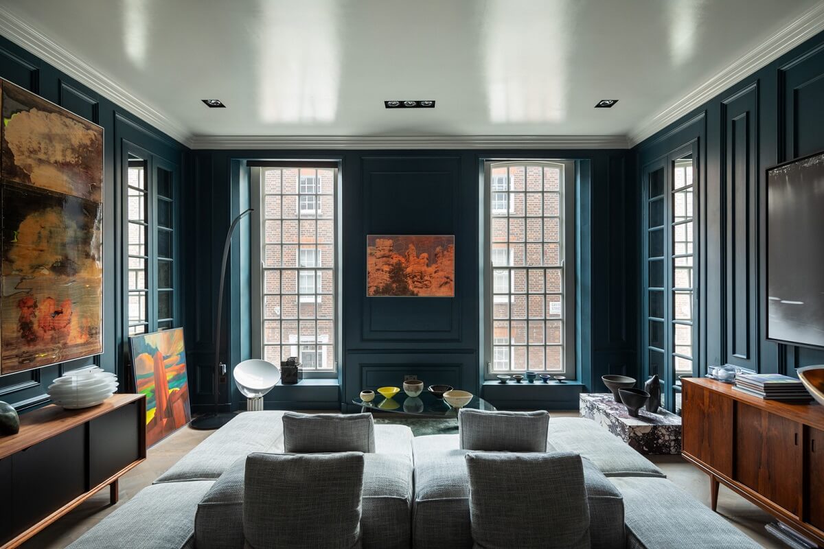 A Unique London Home with Terrazzo Tiles and a Roof Terrace 1 deep blue sitting room