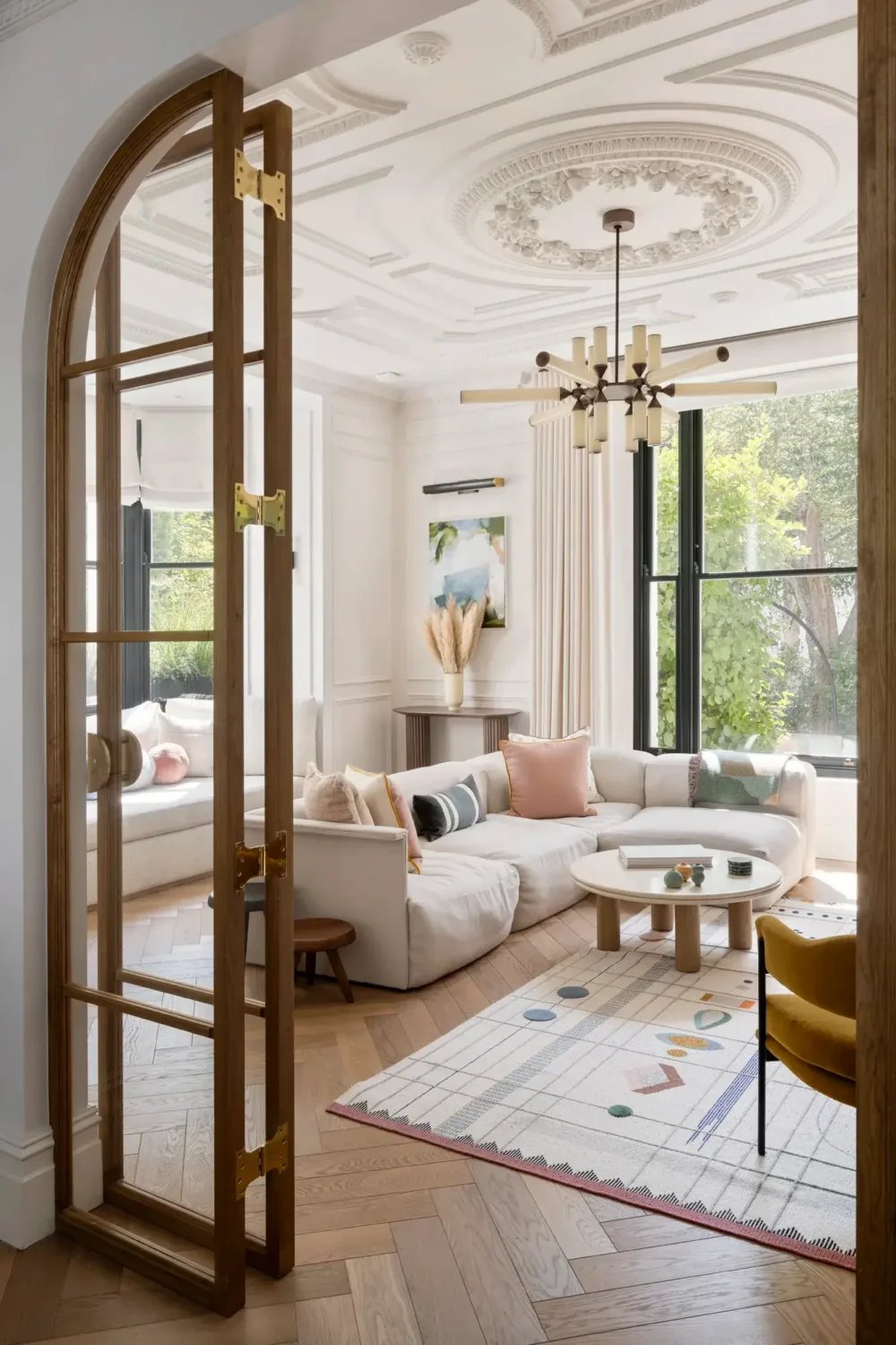 An Award-Winning Apartment with Color Accents in Notting Hill 1 glass-wood-double-doors-living-room-high-ceilings-period-features-nordroom