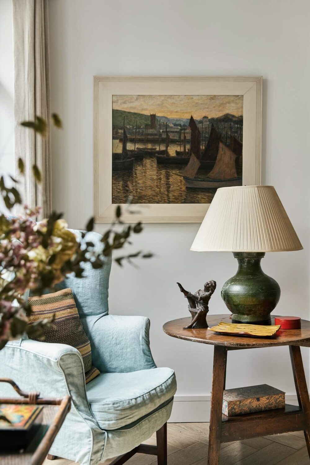 Stylish Monochrome Interiors in an Early 20th Century House 3 living-room-detail-blue-armchair-nordroom