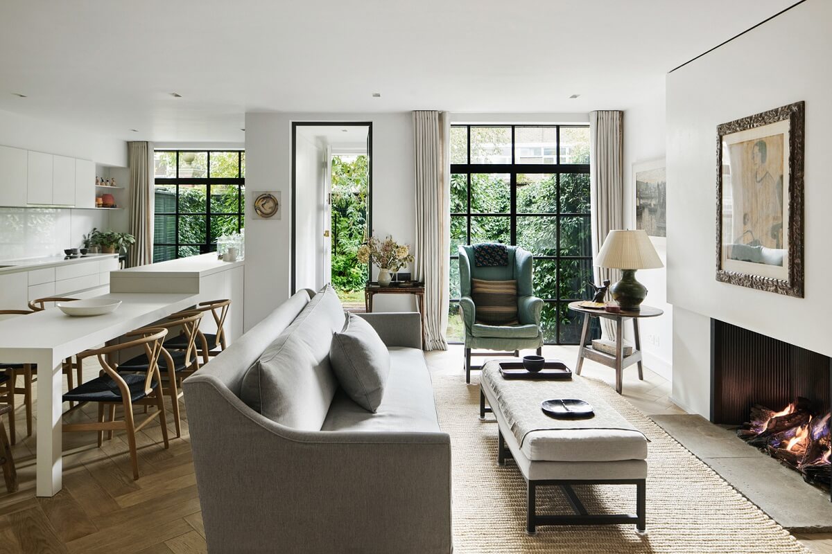 Stylish Monochrome Interiors in an Early 20th Century House 1 open-plan-living-room-kitchen-farrow-ball-wevet-nordroom