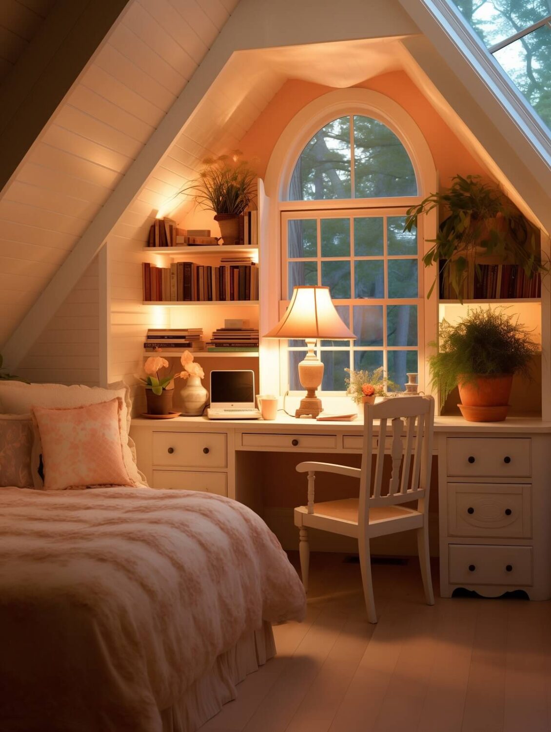 Small Bedroom Decorating Ideas That You'll Love 27 cottage bedroom pitched ceiling desk under window peach wall pantone color of the year nordroom