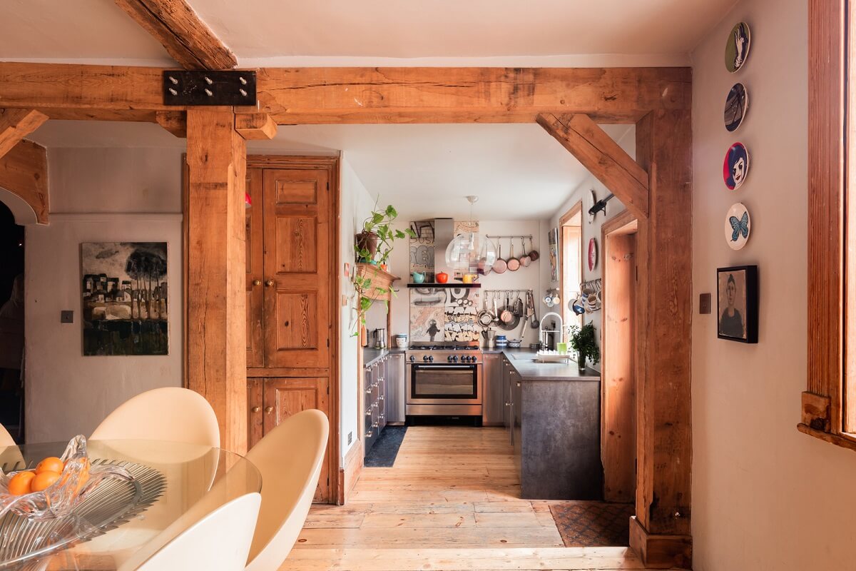 Rustic Wooden Elements in a Historic English House 1 open plan kitchen dining room exposed wooden beams