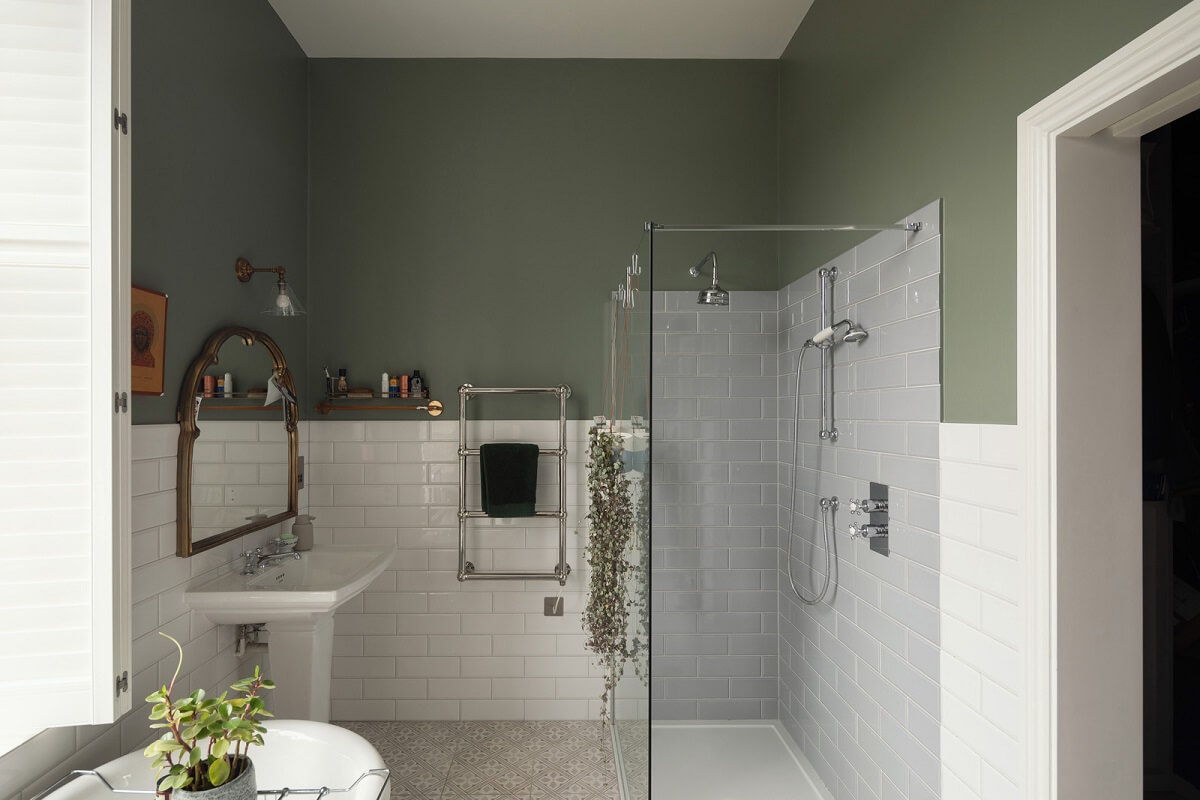 A Victorian House in London with Three Outdoor Spaces 19 bathroom walk in shower white tiles gray walls nordroom