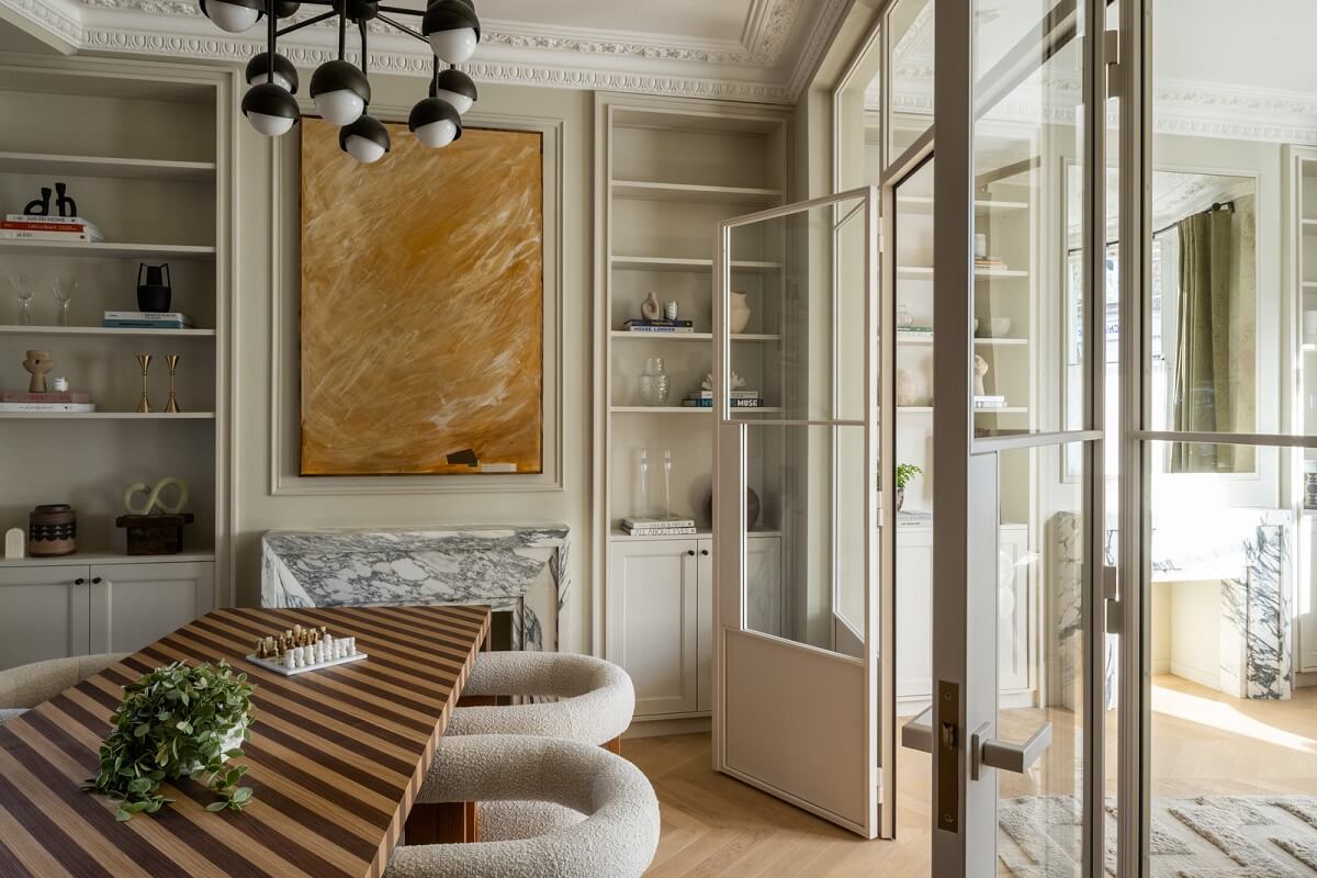 A Renovated Victorian House with Oak Features 2 double living room and dining room with striped table nordroom