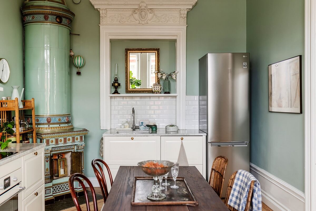 Best of 2024: Kitchens 10 kitchen-white-cabinets-mint-green-walls-fireplace-nordroom