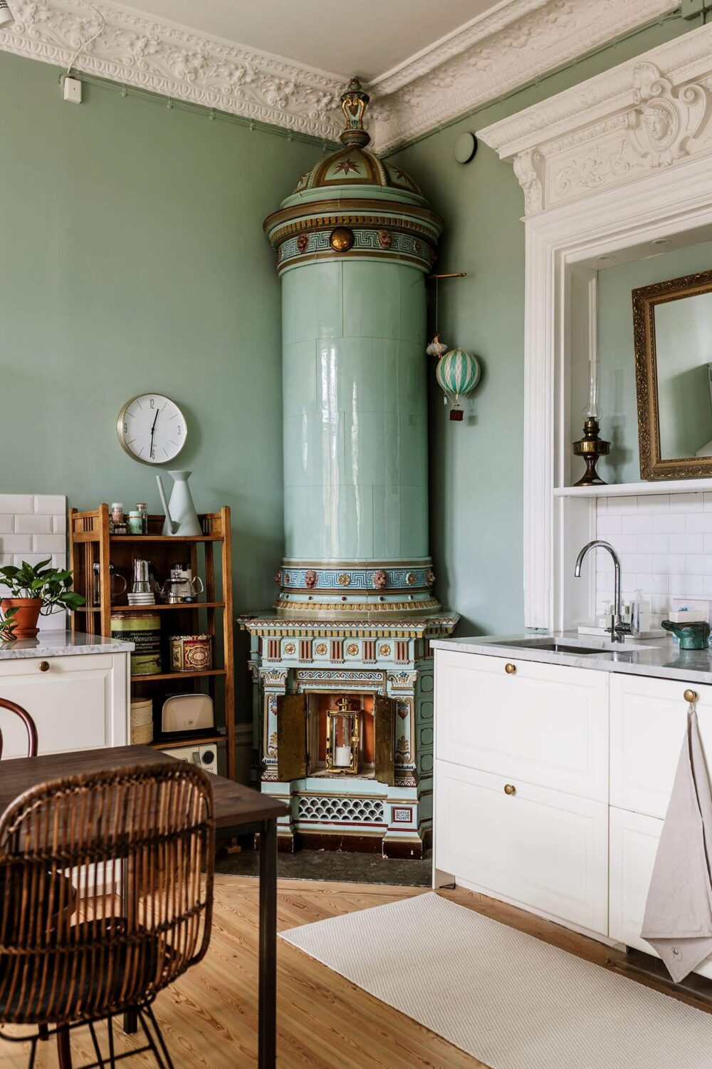 Green Kitchen Design Ideas That You'll Love 41 mint-green-fireplace-kitchen-nordroom