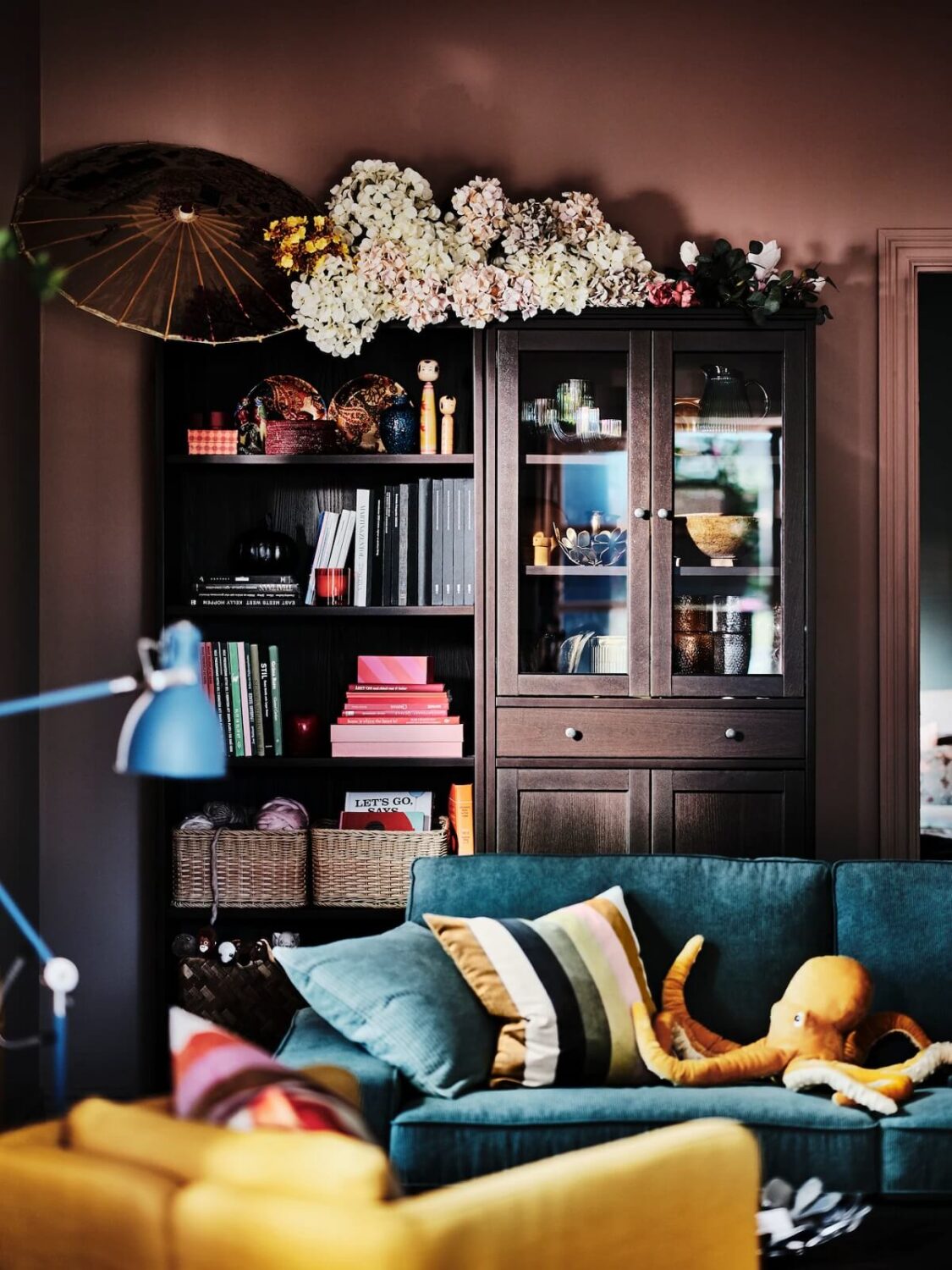 IKEA Catalogue 2026 + New IKEA Collections 61 romantic ikea living room pink walls blue sofa dark wood nordroom