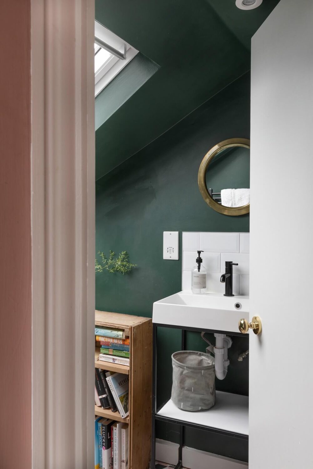 A London Family Home with a Light Modern Extension 25 small bathroom with green walls and slanted ceiling nordroom