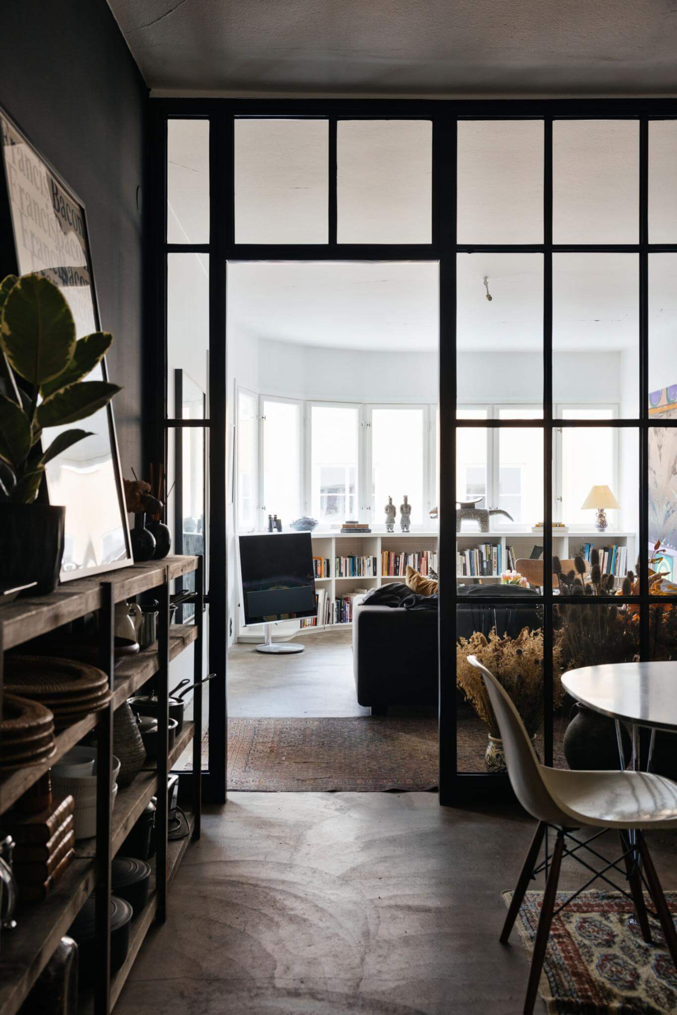 industrial glass wall in swedish apartment
