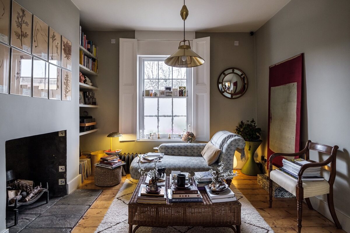 A Cozy and Charming Georgian Townhouse in London 4 living room with fireplace and wooden floor