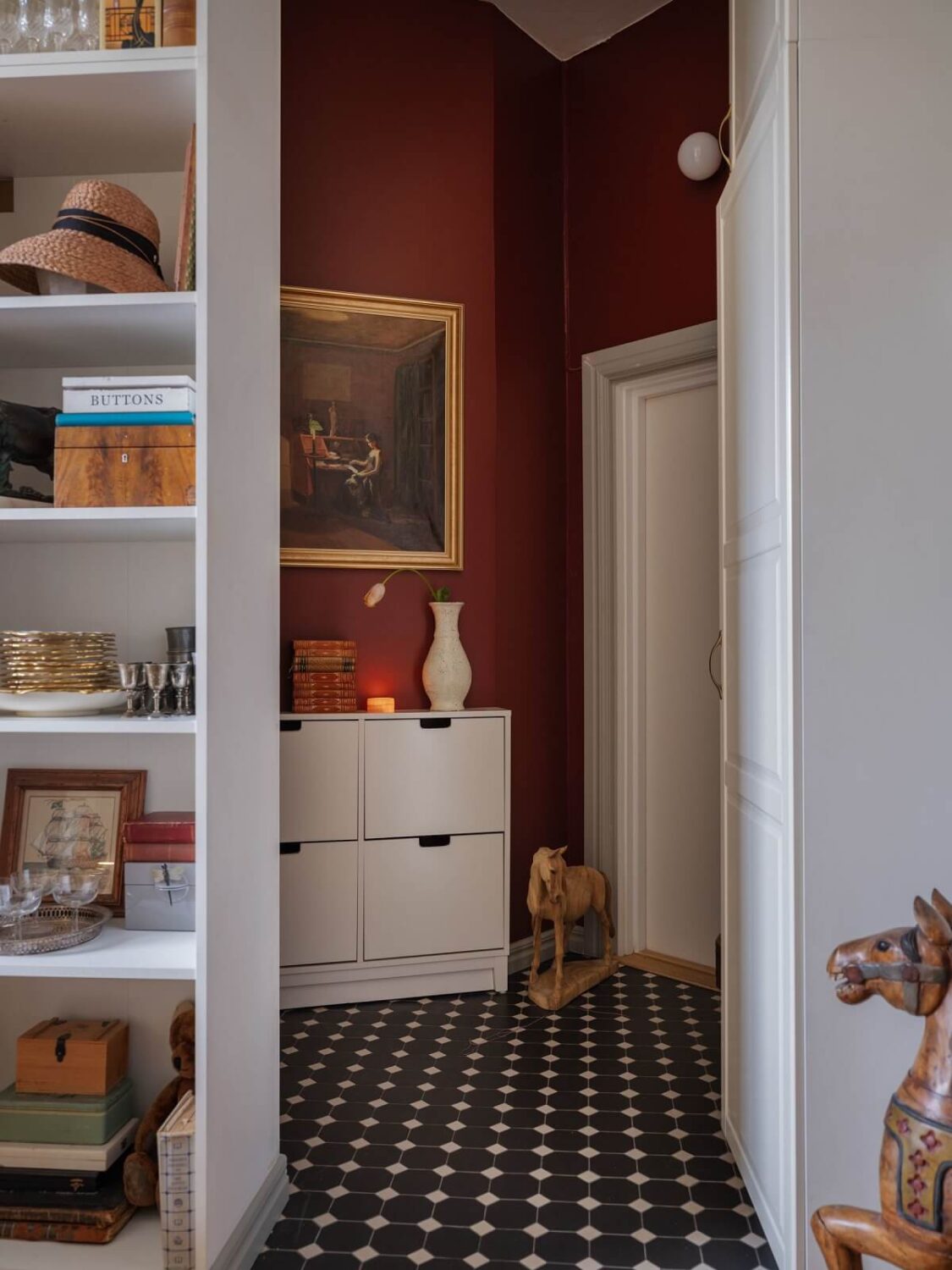 Best of 2024: Hallways 22 red painted hallway with black and white floor nordroom