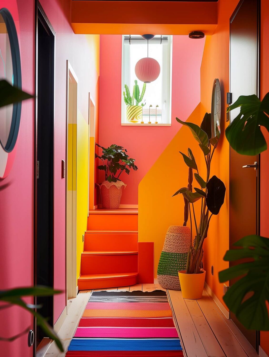 Stylish Small Entryway Ideas with Smart Storage Solutions 24 bold colorful hallway with staircase plants and wooden floor nordroom