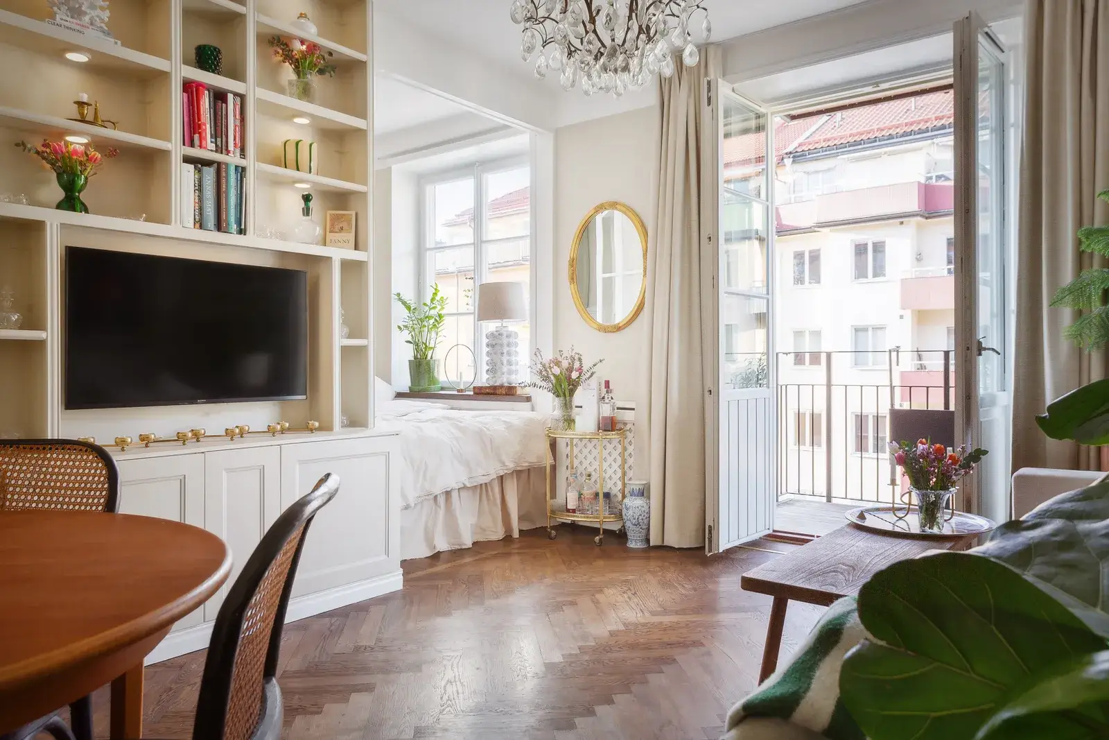 classic studio apartment with built in cabinets