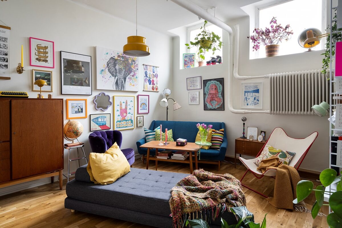 A Basement Family Apartment with Colorful Furniture and Decor 1 colorful furniture in loft style living room with high window