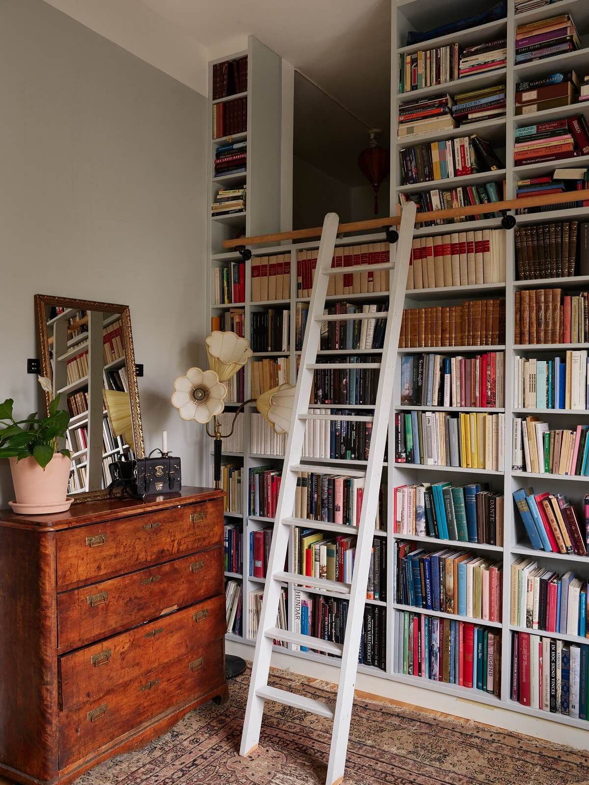 floor to ceiling bookcases with ladder and loft space