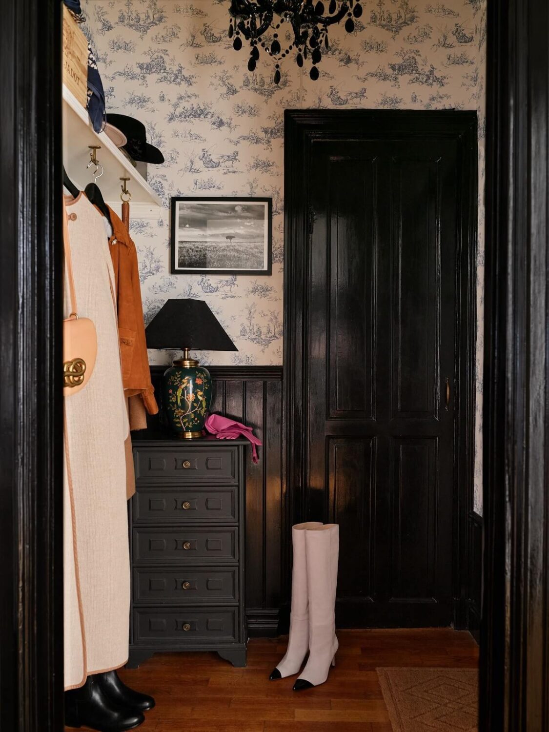 A Classic & Cozy Apartment Painted in Pastel Pink and Blue 22 hallway-with-wallpaper-and-black-front-door-nordroom