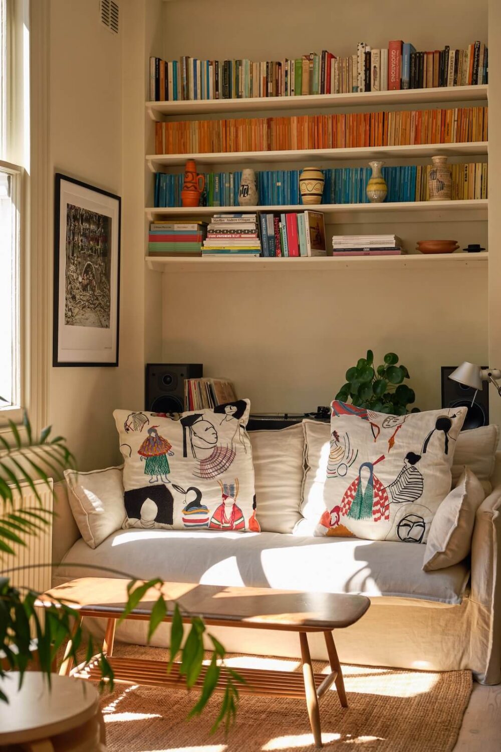 A Light London Apartment with a Yellow Kitchen 3 living room detail with built in bookshelves nordroom