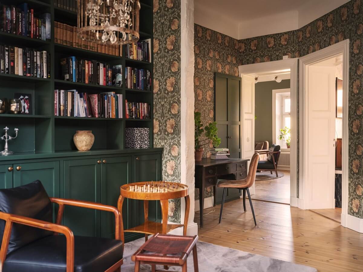 Best of 2024: Home Offices 12 reading room with green bookcases and william morris wallpaper