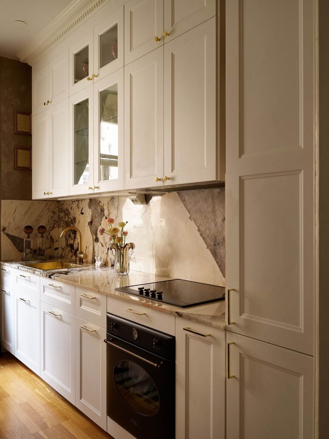 A Classic & Cozy Apartment Painted in Pastel Pink and Blue 15 white-kitchen-marble-worktop-backsplash-nordroom