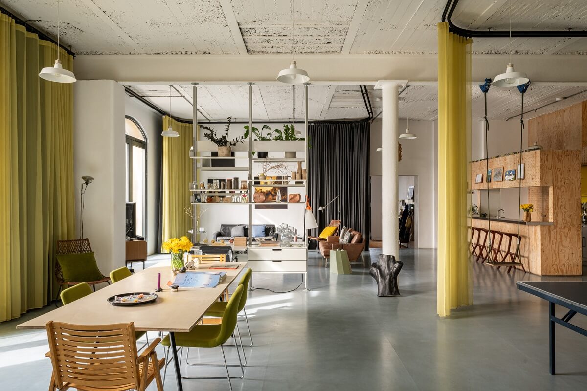 An Industrial English Loft with Yellow Color Pops 1 yellow accents in industrial loft
