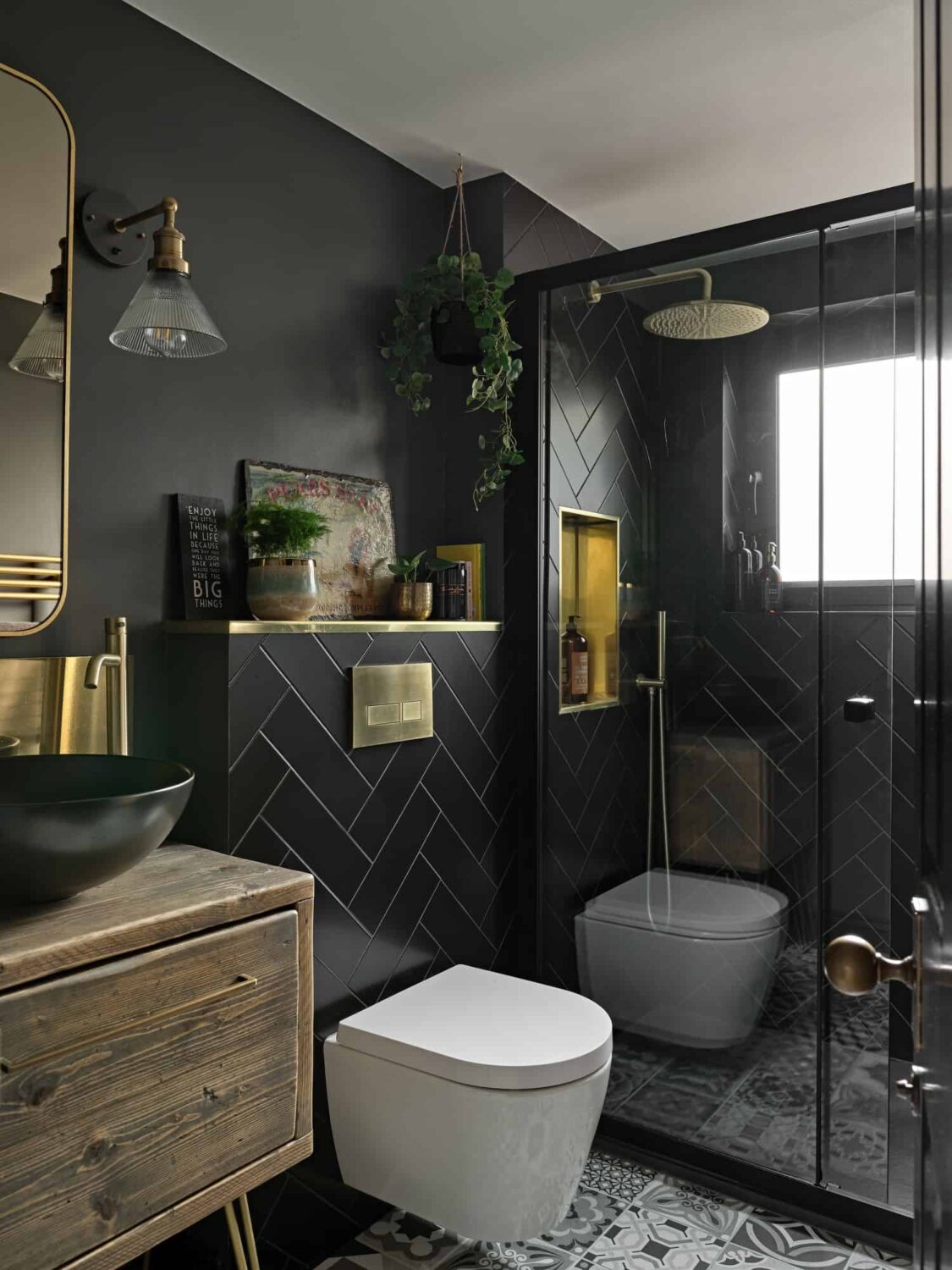 Moody, not Gloomy! Beautiful Dark Small Bathrooms 2 black bathroom with herringbone tiles