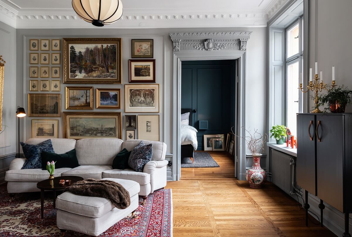 classic living room with light gray walls and art
