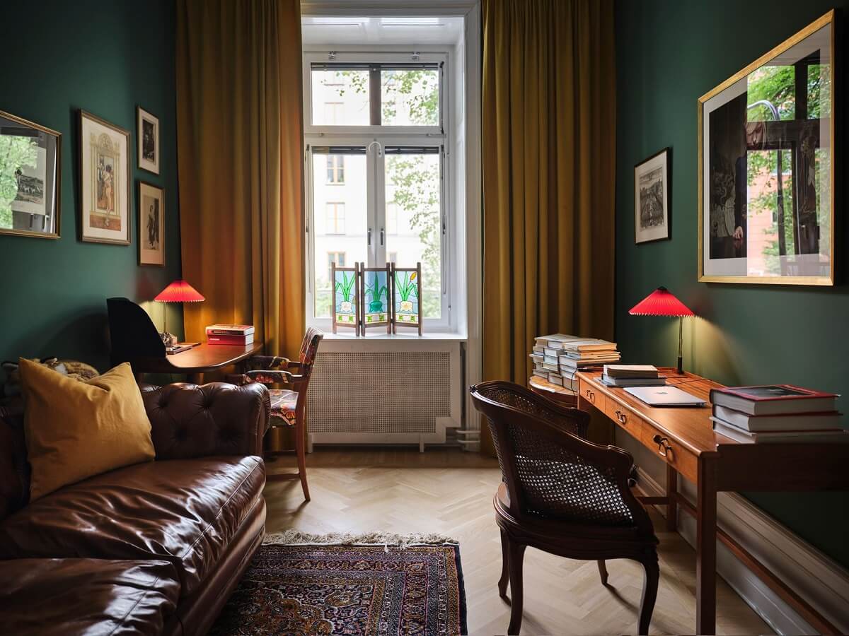 Best of 2024: Home Offices 22 home office with dark green walls and ochre yellow curtains nordroom