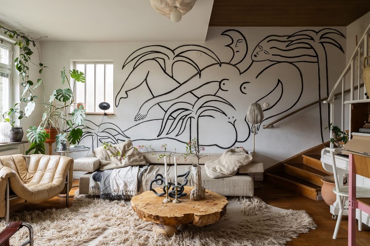 A Swedish Family House with Wall Murals and Art 1 natural living room with wall mural