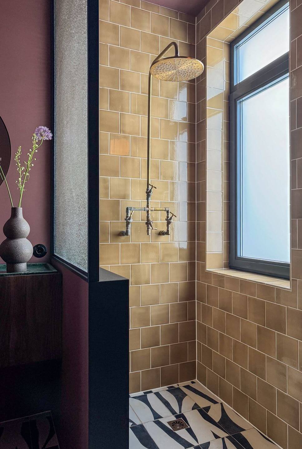 Color and Graphic Design in the Home of a Dutch Interior Stylist 34 shower with ochre tiles