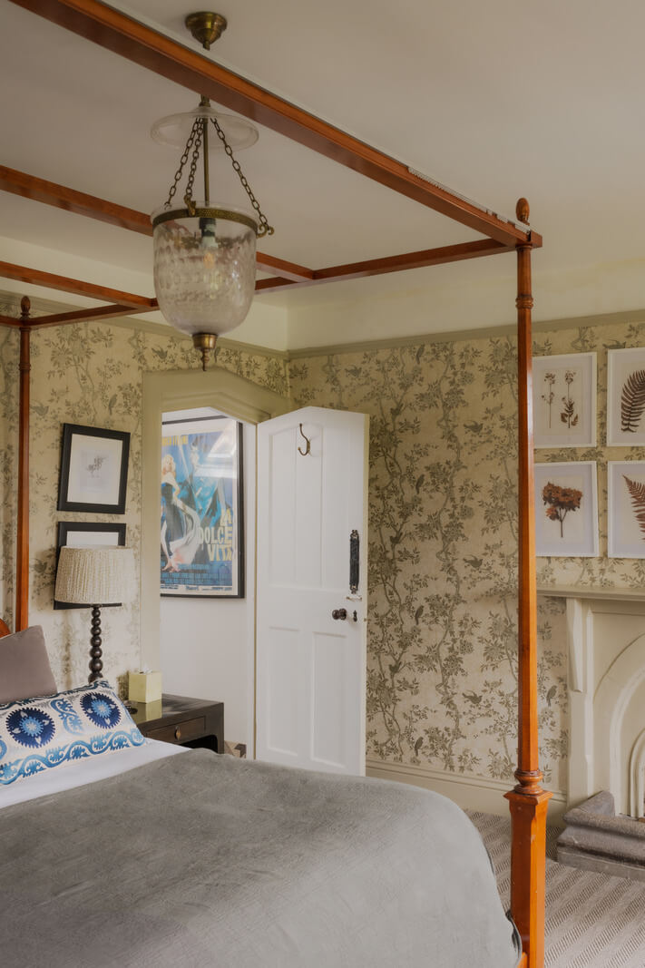A Charming Gothic-Style Home with Original Details 21 bedroom with canopy bed wallpaper