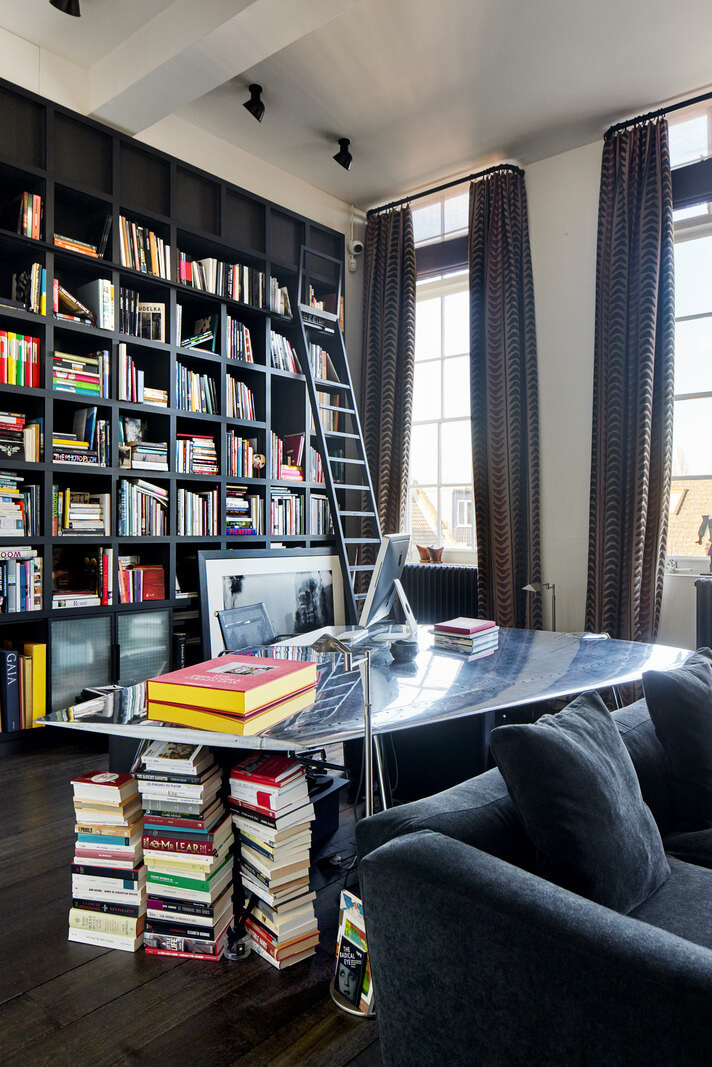 A Monochrome London Loft Filled with Art 19 home office with bookshelves monochrome loft apartment london nordroom