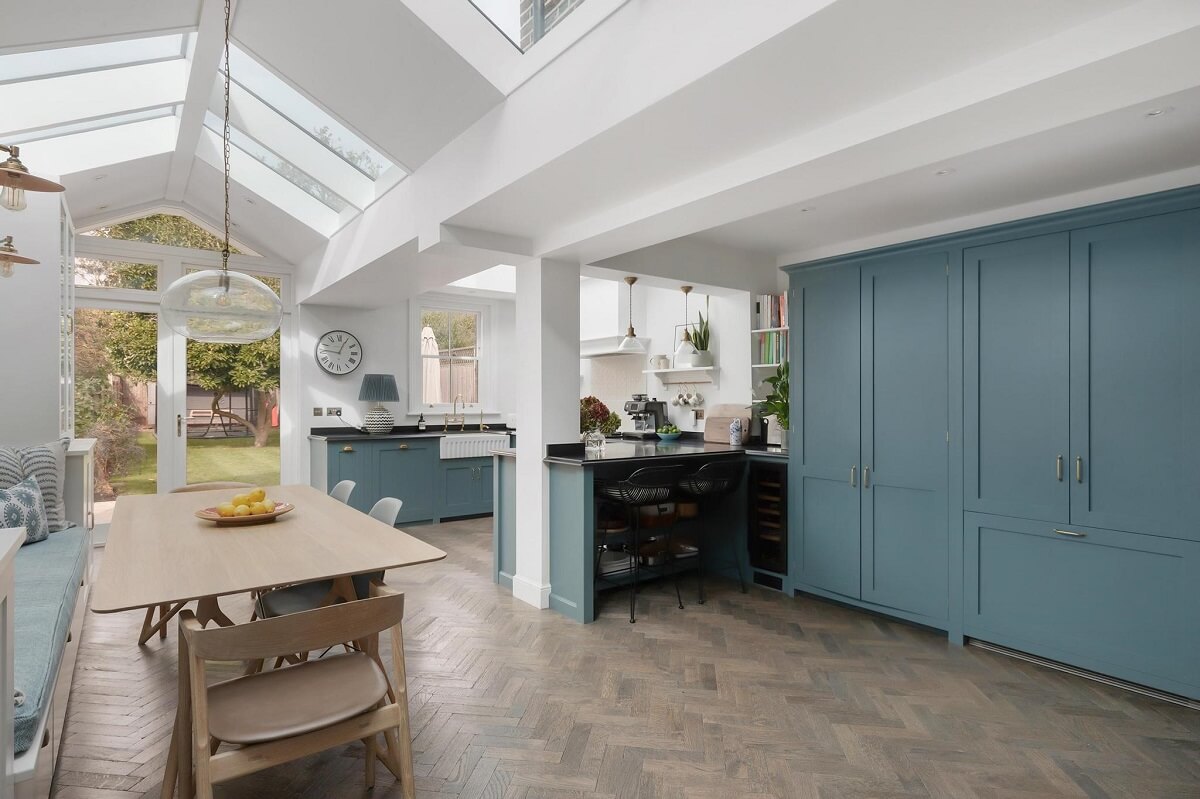 A Victorian House with a Blue deVOL Kitchen 1 large extended kitchen with blue cabinets and skylights