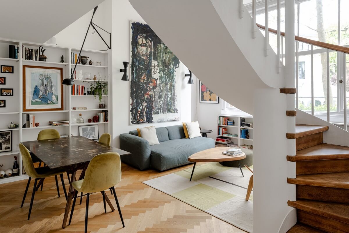 High Ceilings in a Light London Apartment 1 light living room with staircase nordroom