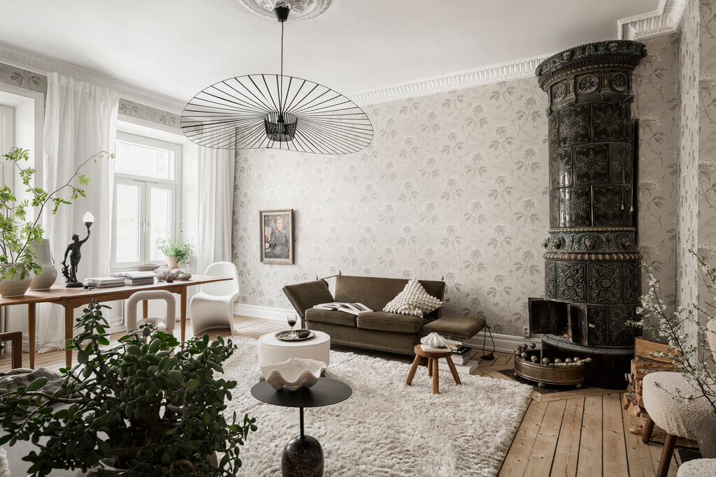 living room gray floral wallpaper green fireplace nordroom