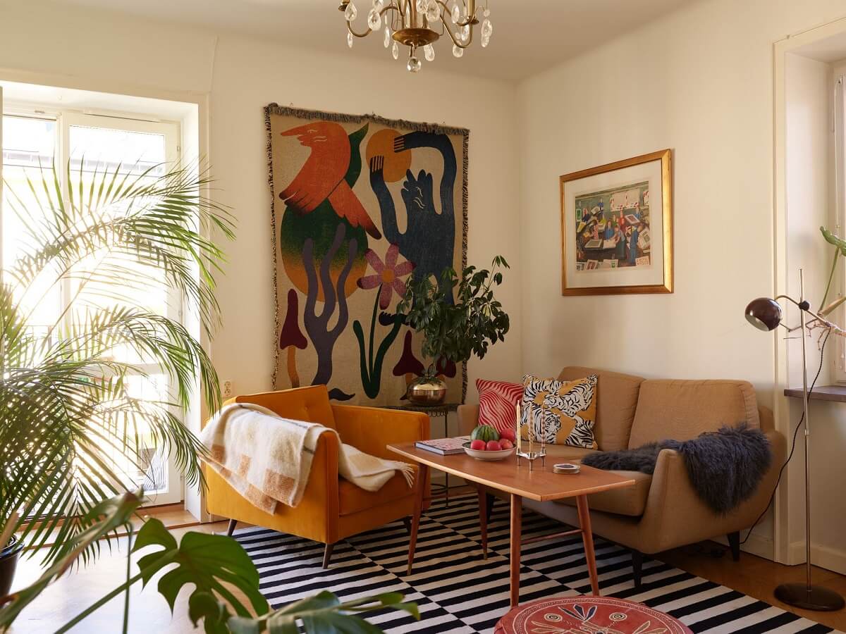 midcentury living room with striped rug