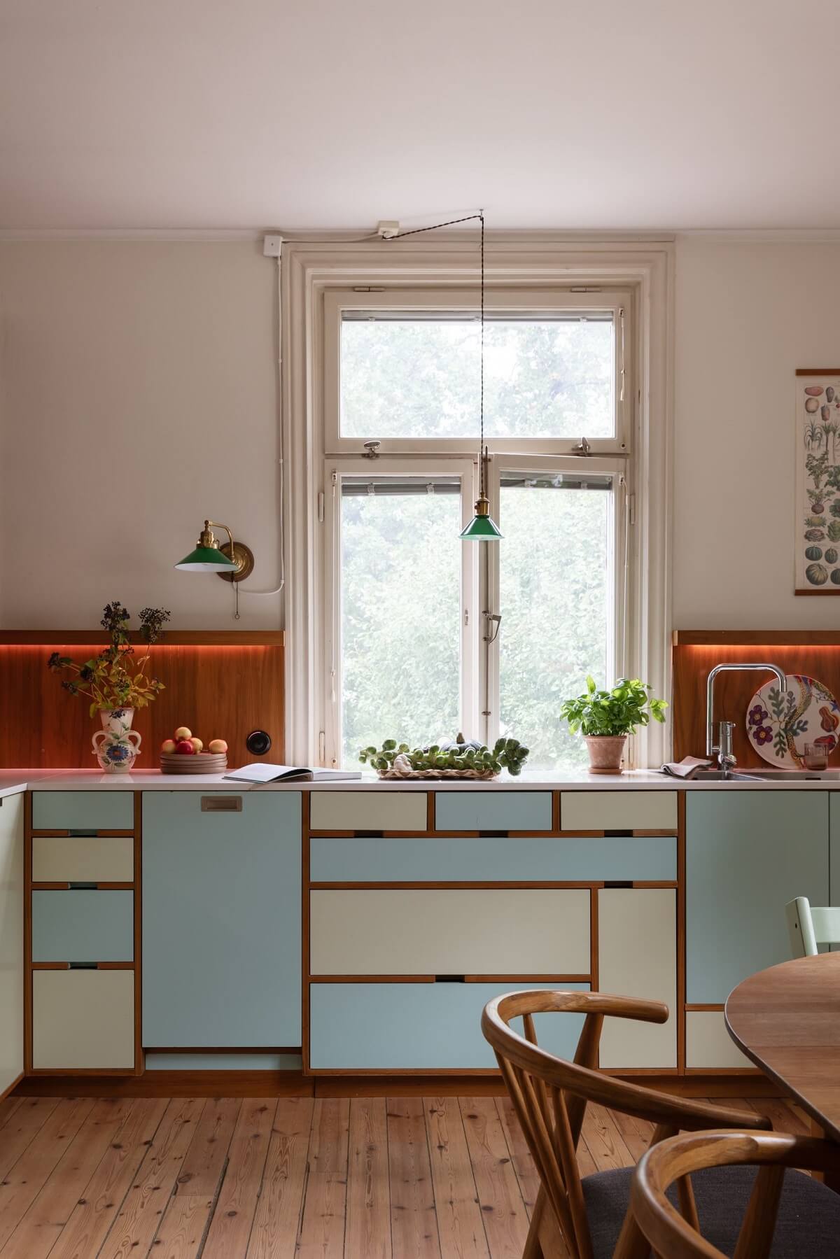pastel kitchen cabinets with wooden backsplash
