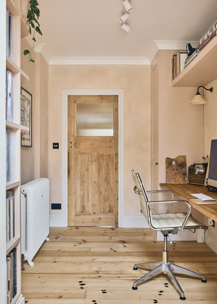 Best of 2024: Home Offices 7 plaster pink walls home office with wooden floor and floating desk