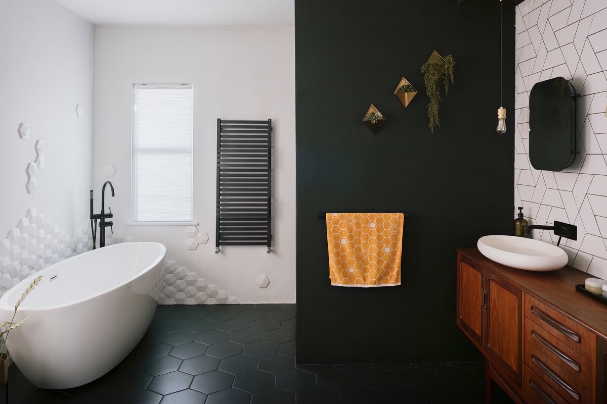 A Deep Blue Color Palette in a London Apartment 9 black and white bathroom with freestanding bath A Deep Blue Color Palette in a London Apartment
