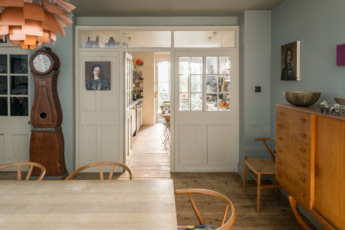 Heritage Colors and Original Details in a London Townhouse 13 dining room with glass doors to kitchen
