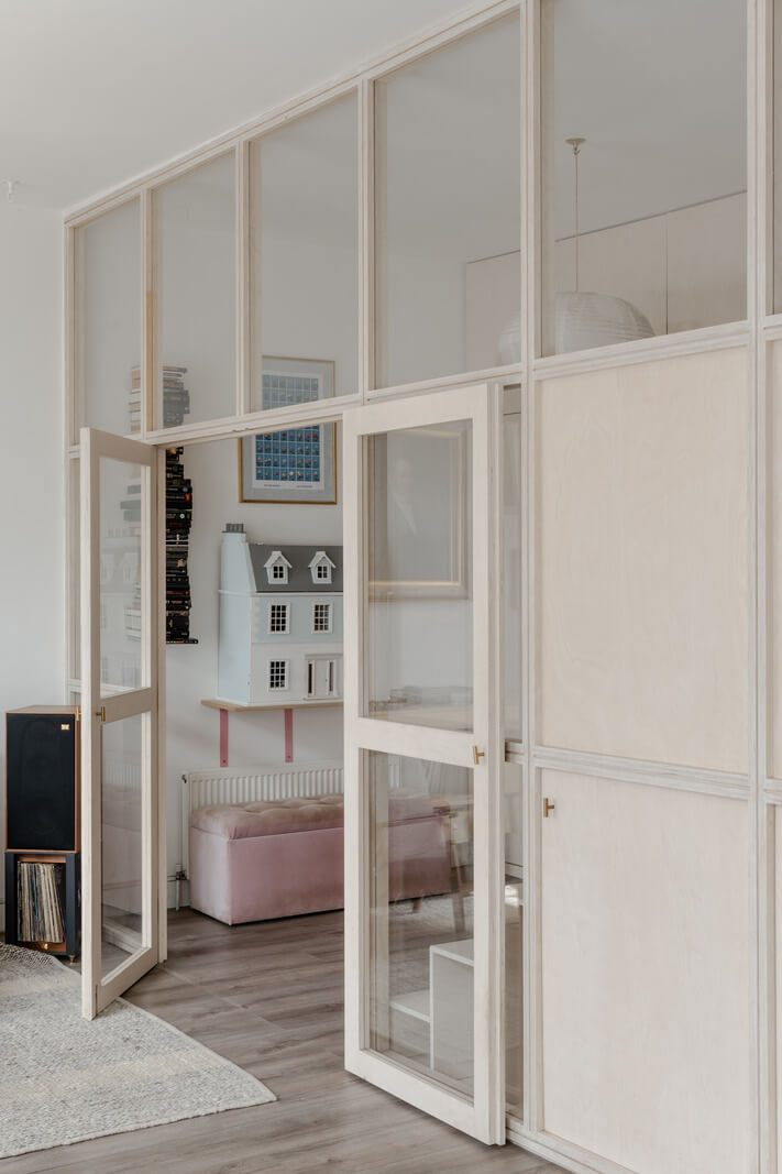 A Modern Scandinavian-Style Apartment in a Former London Mill 6 glass wall in small london apartment
