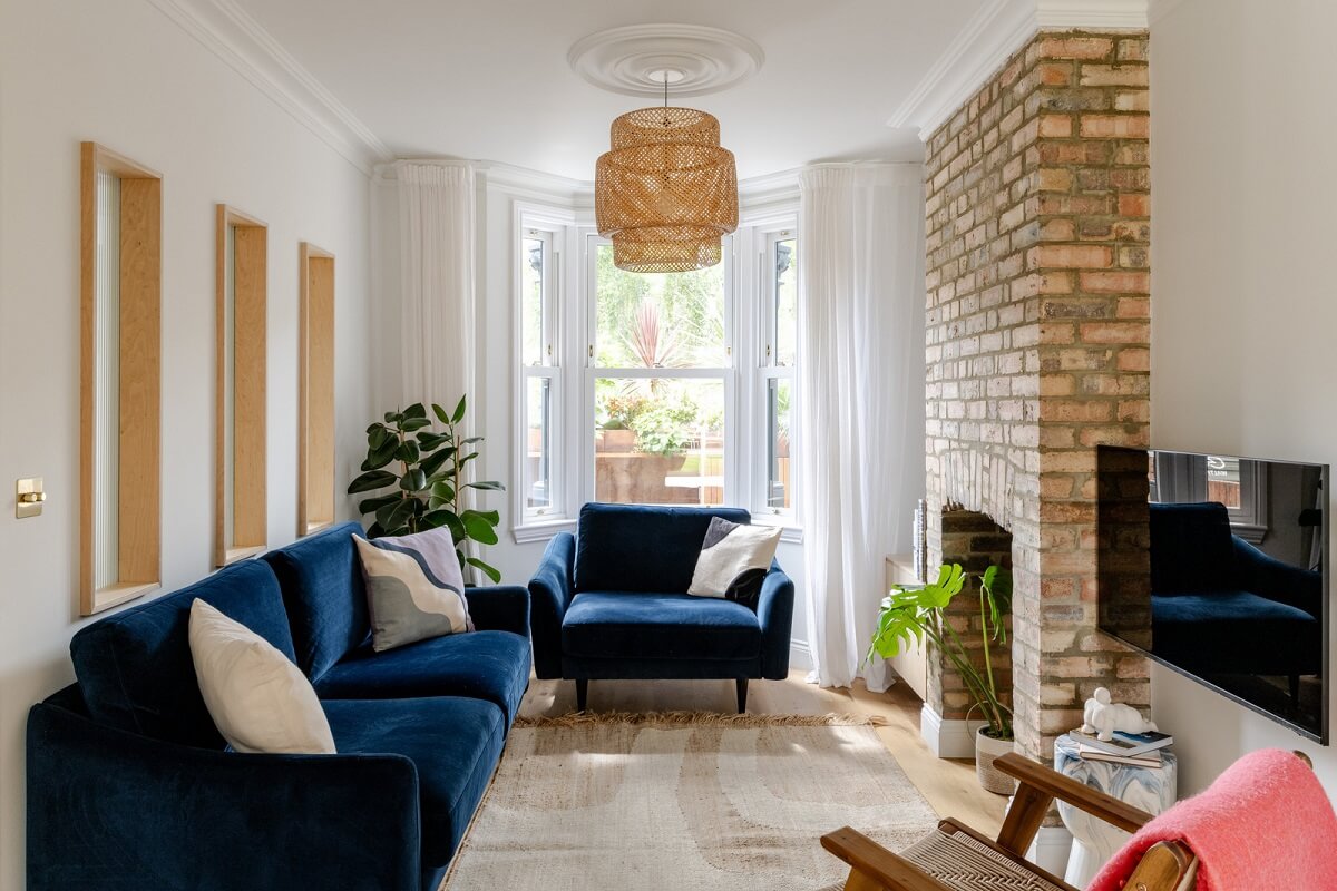 living room brick fireplace