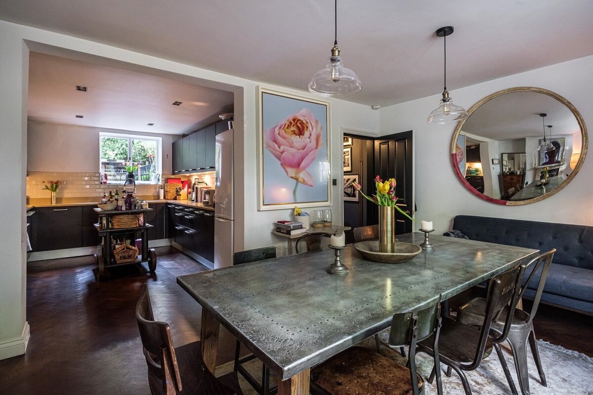 Moody Gray Tones and Period Details in a Victorian Townhouse 10 open plan dining room kitchen