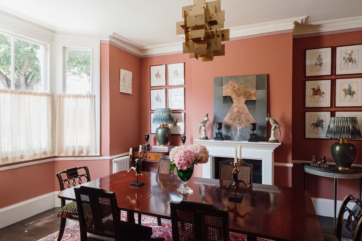 pink dining room bay window art
