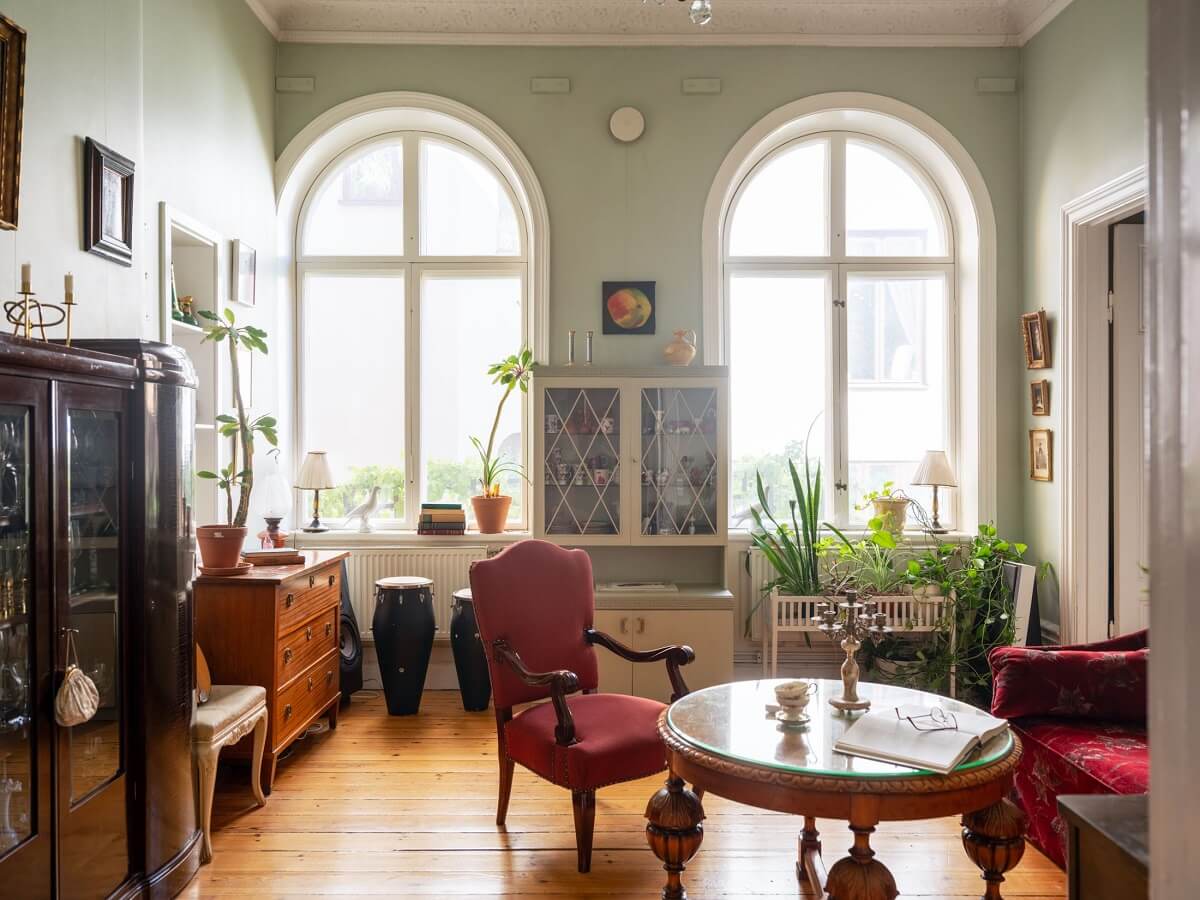 antique living room with double arched windows nordroom