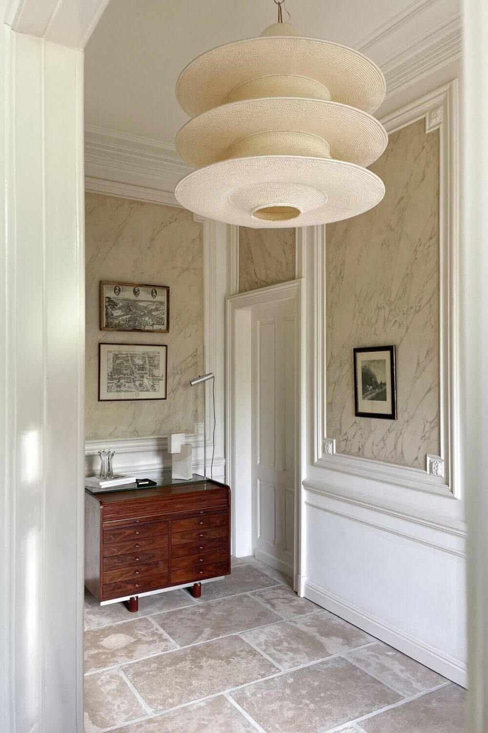 Historic Character and Timeless Elegant Interiors in a Restored Belgian Villa 3 hallway with flagstones and moroccan pendant nordroom