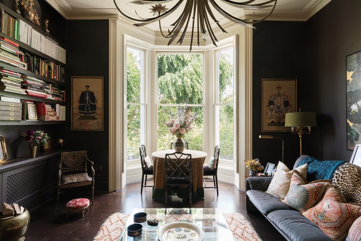 Best of 2024: Living Rooms 16 london apartment moody wall color bay window bookshelves nordroom