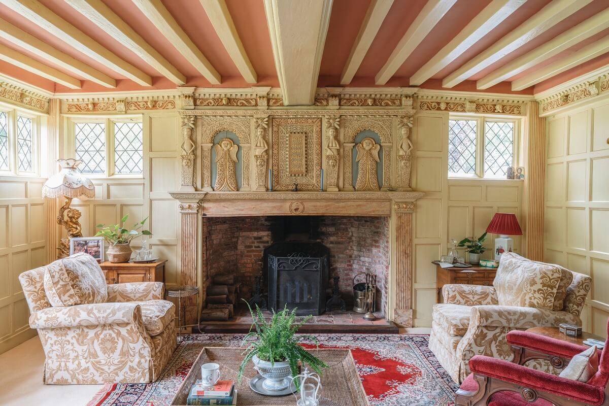 27 Statement Ceiling Ideas That Will Spruce Up Any Room 38 sitting room with fireplace and pink ceiling